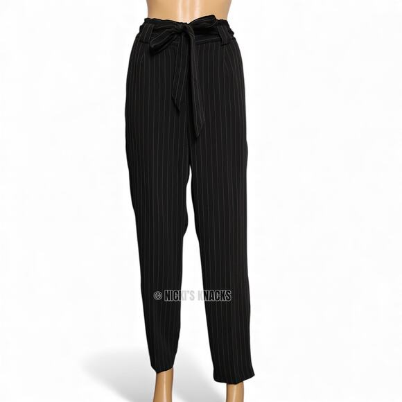 Express Black Pinstripe Paperbag Pants High Rise Belted Ankle Trousers Size 10 - Picture 2 of 12